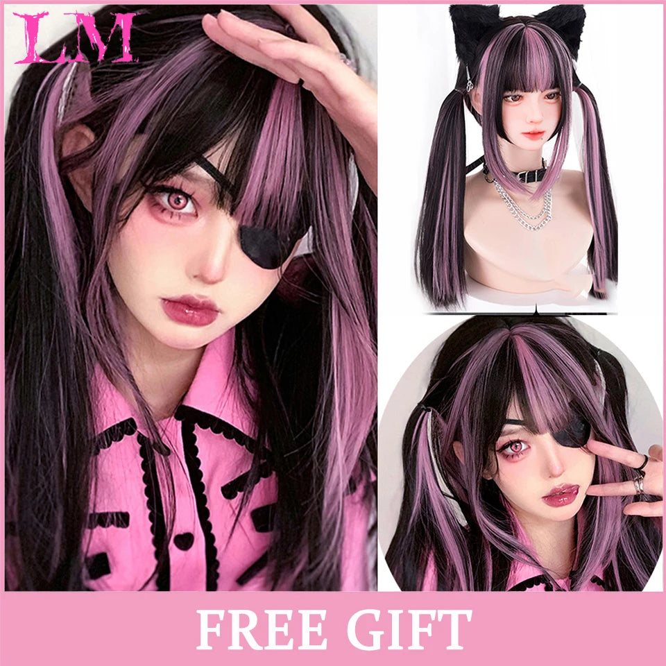 LM Rubio sintético Ombre mezclado rosa Rubio largo ondulado pelucas con flequillo Cosplay fiesta uso fibra resistente al calor para mujeres