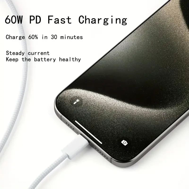 Cable USB C a C de carga rápida blanco, Cable cargador rápido USB tipo C trenzado de nailon de 60W para IPhone15/Samsung/Oppo/Vivo/Redmi A, 1 ud.