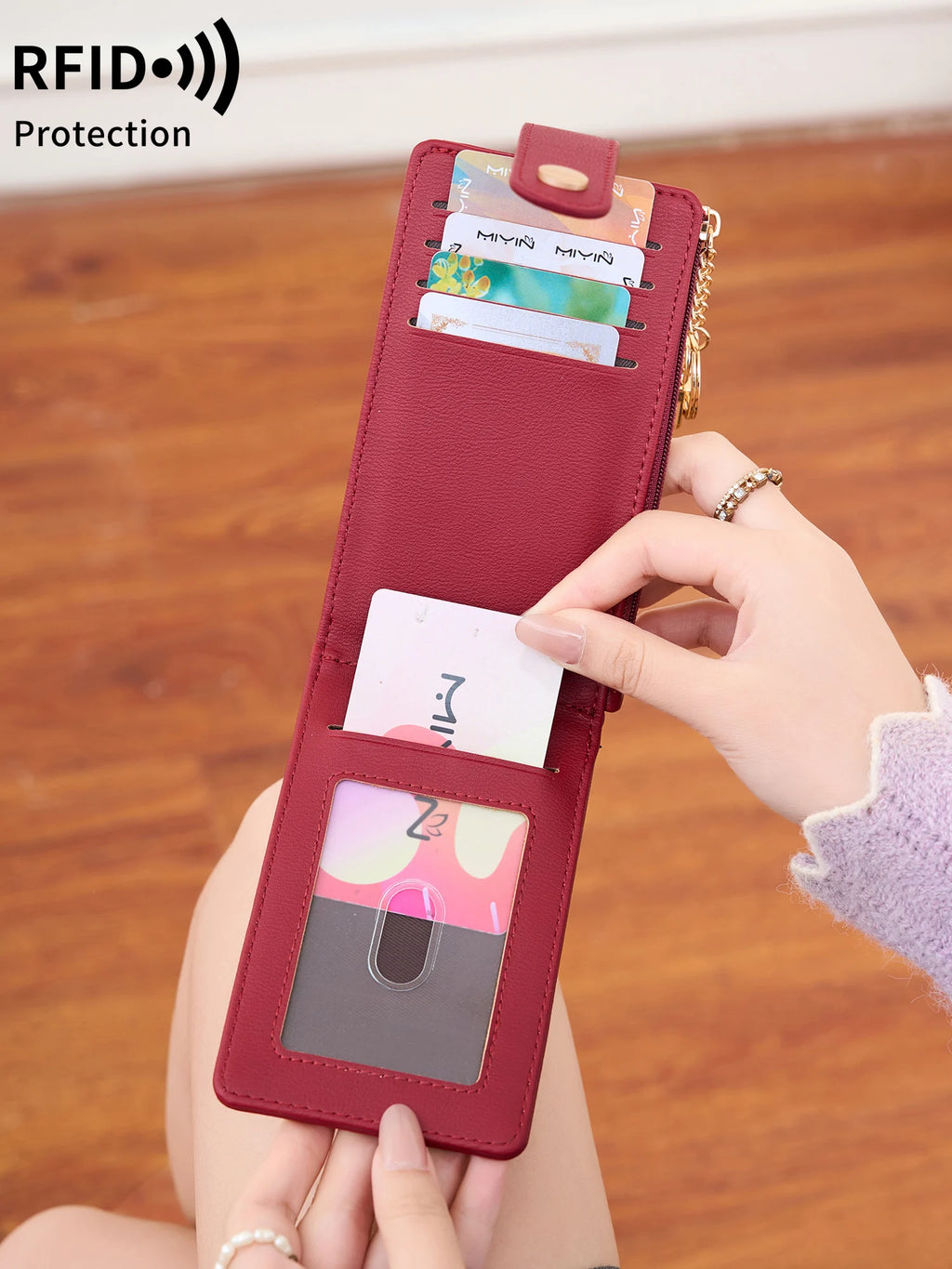 Elegante tarjetero plegable vertical, cartera ultrafina para mujer, tarjetero plegable, monedero con cremallera, bolso de mano con llavero
