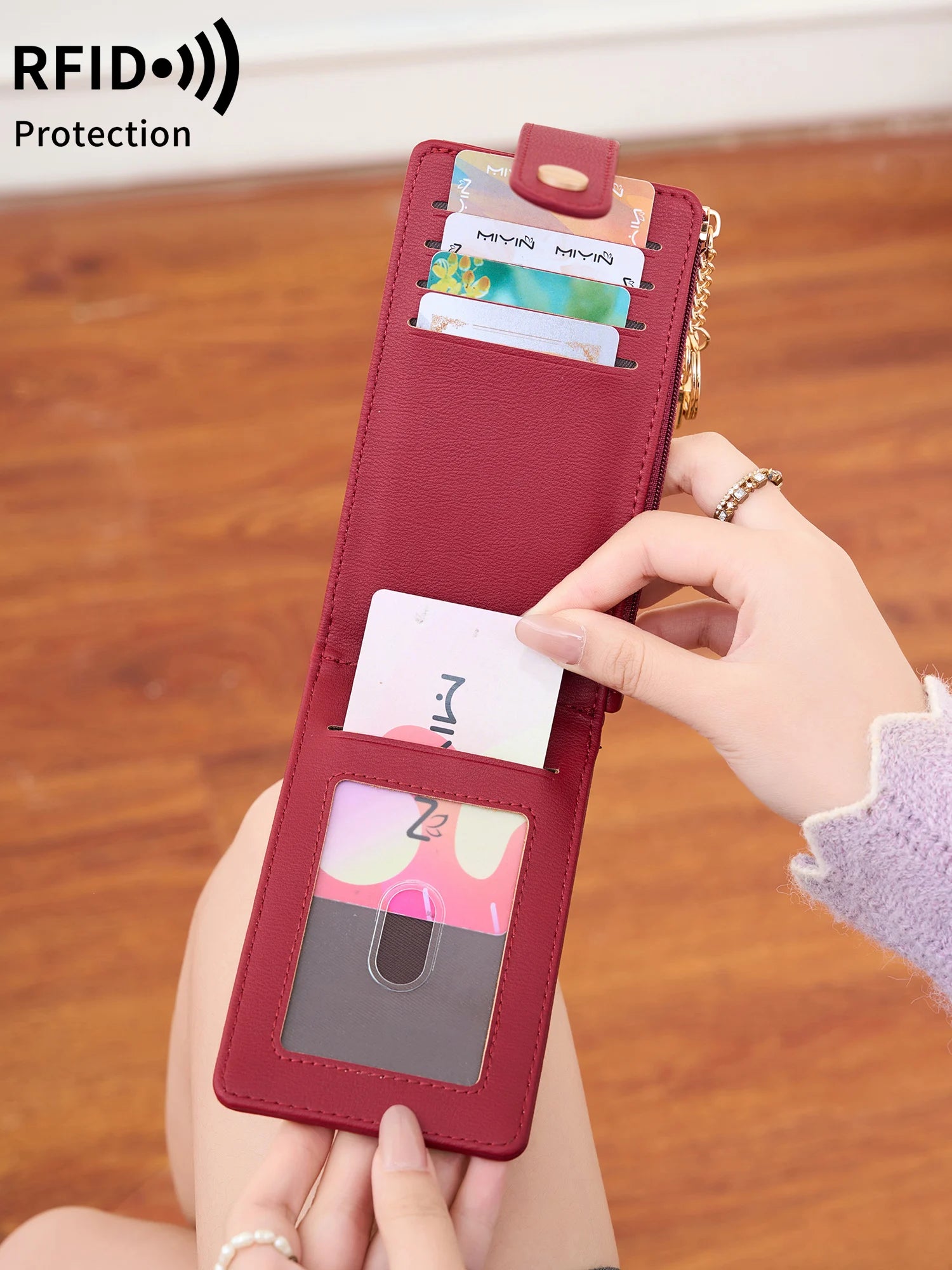 Elegante tarjetero plegable vertical, cartera ultrafina para mujer, tarjetero plegable, monedero con cremallera, bolso de mano con llavero