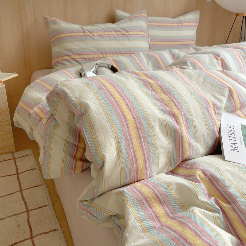 Juego de cama suave de algodón 100%, funda nórdica con estampado de rayas y funda de almohada, ropa de cama, colcha, fundas de almohada, juegos de edredón
