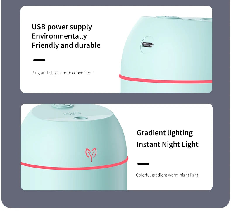 Humidificador de aire de 220ML, difusor de aroma de niebla fría, luz LED nocturna, protección contra apagado, Humidificador USB para el hogar y la Oficina