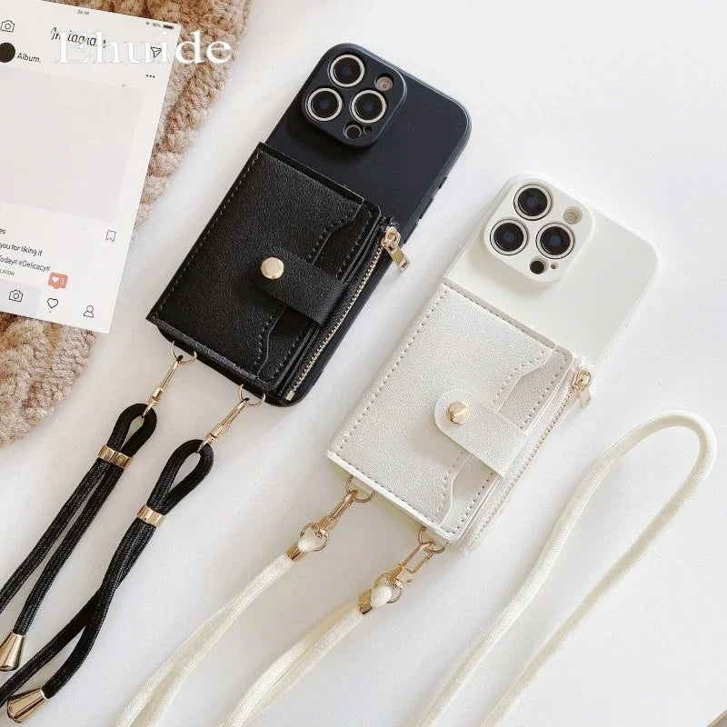 Funda con correa tipo billetera para iPhone 16 15 16Pro Max 11 12 13 14 Plus X XR XS Max ranuras para tarjetas cordón cruzado funda de silicona de cuero PU