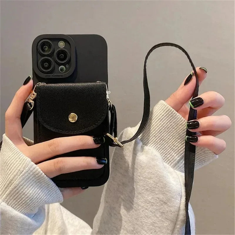 Funda de Lujo para Teléfono con Correa para el Cuello, Tipo Cartera de Cuero, para iPhone 16 Pro 14 11 12 13 15 17 Pro Max Plus, con Ranuras para Tarjetas