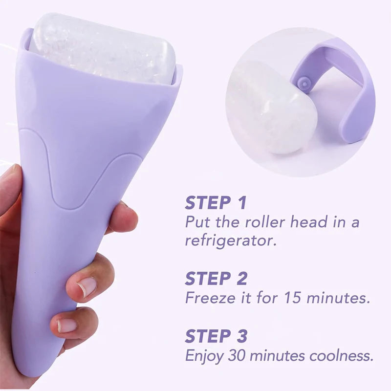 1 masajeador con rodillo de hielo, palo de masaje con rodillo facial, cuidado de compresas de hielo, rodillo de compresa en frío, masajeador facial con mango de plástico