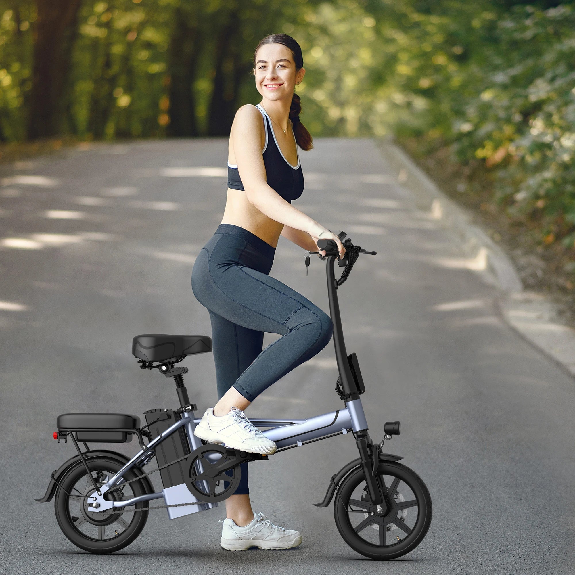 Bicicleta Eléctrica Plegable E14 de 500W para Adultos, 22MPH, 38 Millas, 14 Pulgadas, con Cuadro Plegable y Cesta Trasera, Bicicleta Eléctrica Urbana, Stock en la UE