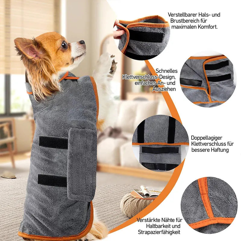 Toalla de albornoz para perros 2 en 1, cinta mágica ajustable, bata de secado rápido, ropa súper absorbente para mascotas para perros pequeños y medianos después del baño