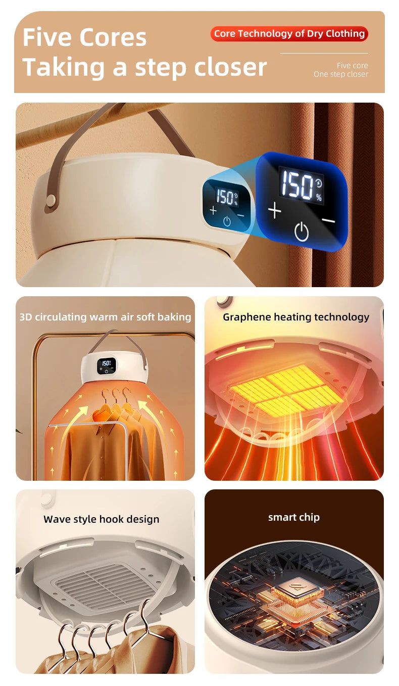 Secador eléctrico portátil, secador multifuncional, plegable, temporizado, secado rápido, bajo ruido, calefacción de aire caliente, cuidado de la ropa, Mini secador