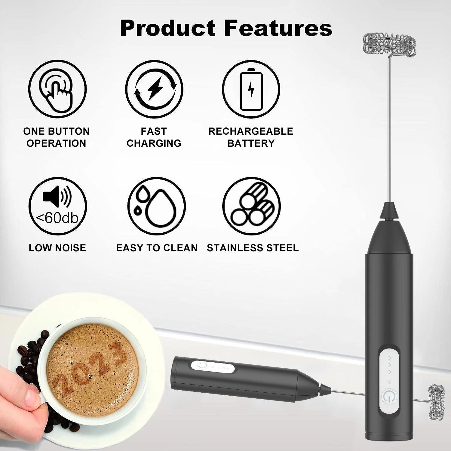 MINI Espumador de leche recargable por USB, máquina de espuma de 3 velocidades, batidor de café, mezclador con mango eléctrico, batidor de huevos