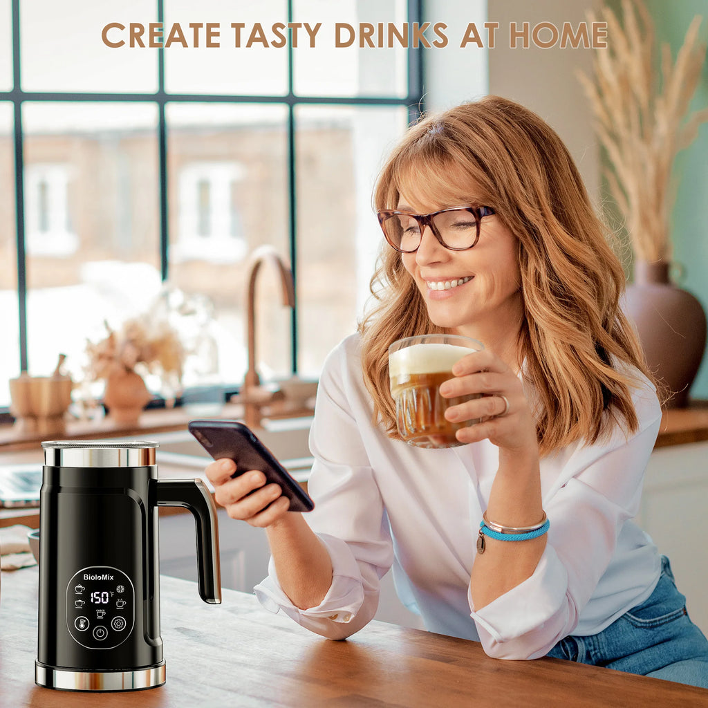 BioloMix Espumador de leche 5 en 1 con pantalla táctil LED mejorada - Calentador de leche para café con leche caliente y fría