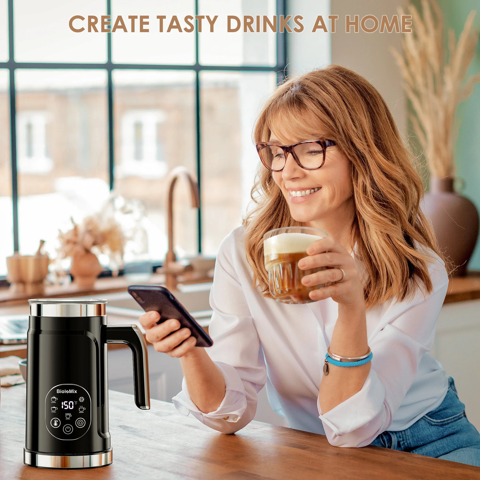 BioloMix Espumador de leche 5 en 1 con pantalla táctil LED mejorada - Calentador de leche para café con leche caliente y fría