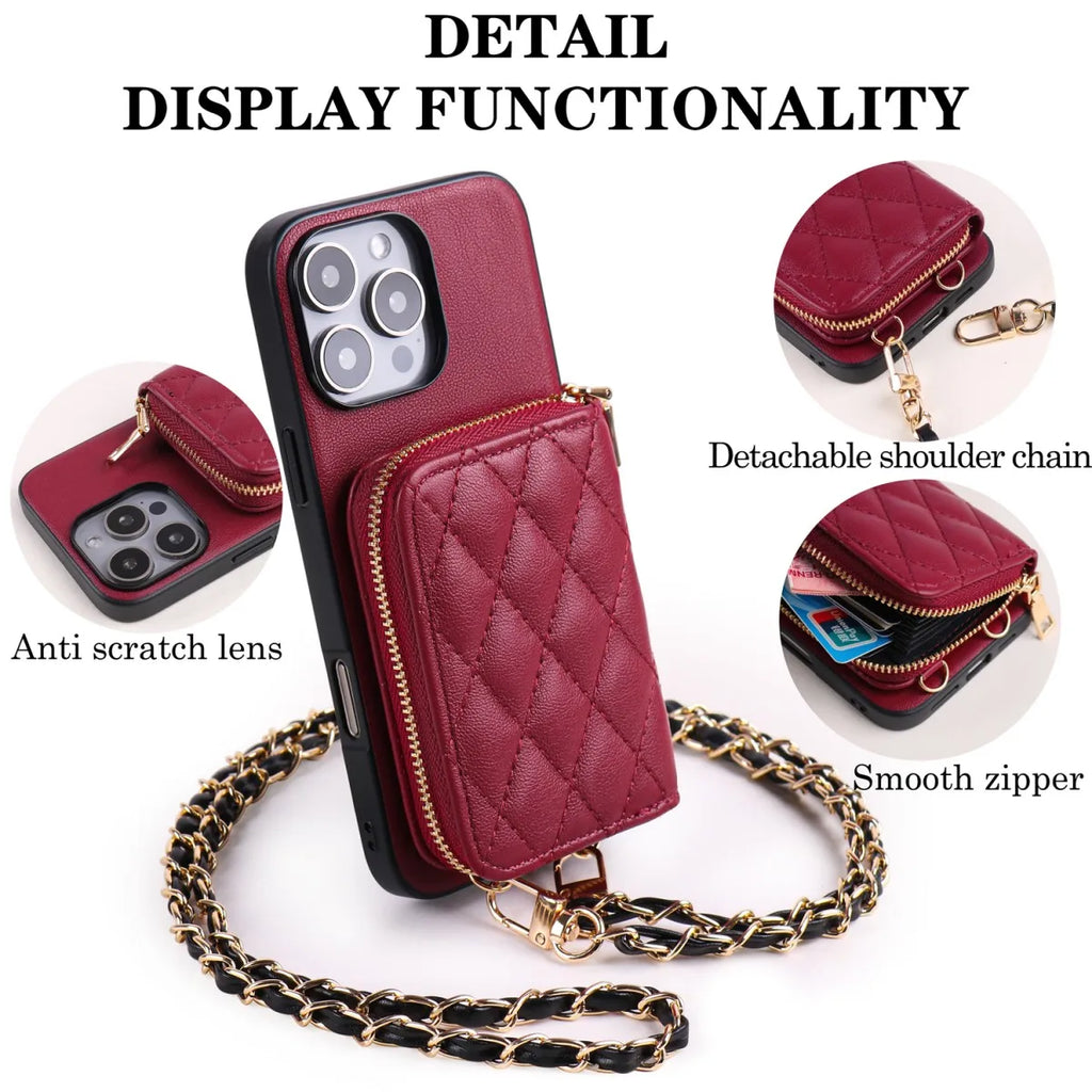 Nueva tendencia, funda de teléfono de cuero PU con patrón de cordero para iPhone 17 /16 /15/14/13/12/11, funda para tarjetas multifuncional, cadena larga elegante