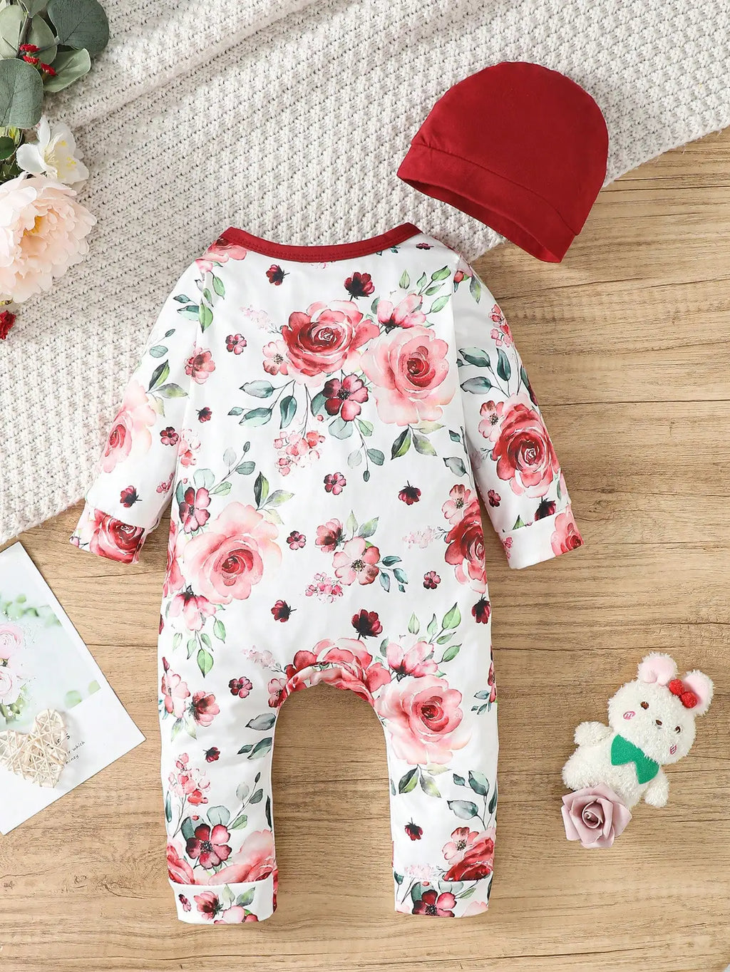 Pelele y sombrero con diseño floral para bebé niña, 1-24m, con lazo, suave y cómodo, primavera y otoño