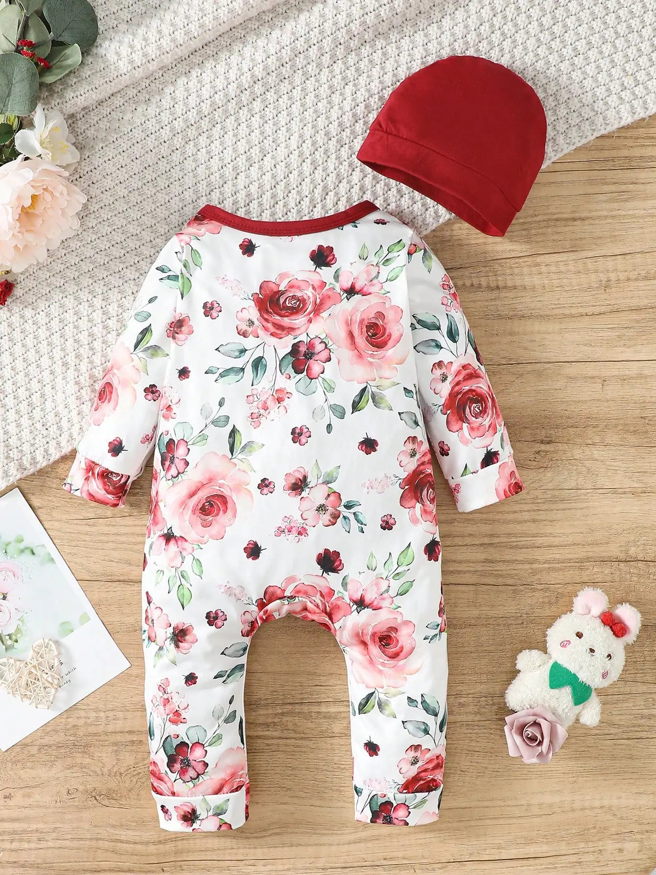 Pelele y sombrero con diseño floral para bebé niña, 1-24m, con lazo, suave y cómodo, primavera y otoño