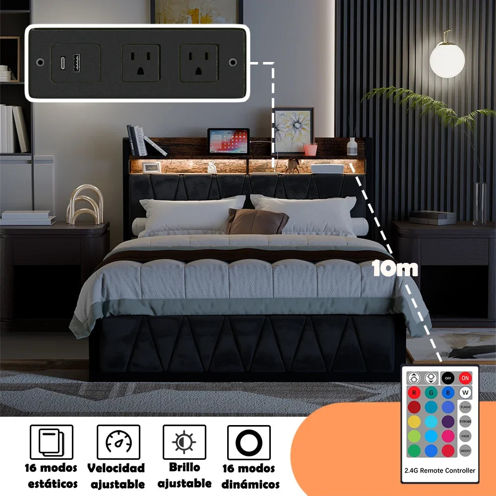 Plataforma de marco de cama, Bases de cama de madera laterales modernas, cajones, gabinetes, soporte de listones, cabecera, colchón de tamaño completo, base para camas