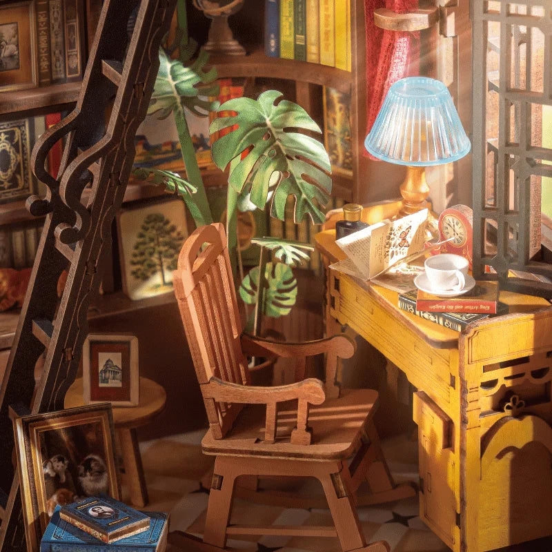 Robotime Book Nook Kits Silent Corner Study DIY Book Nook Miniature House Kit Puzzle Bookend Bookshelf Decor Gift TGE02