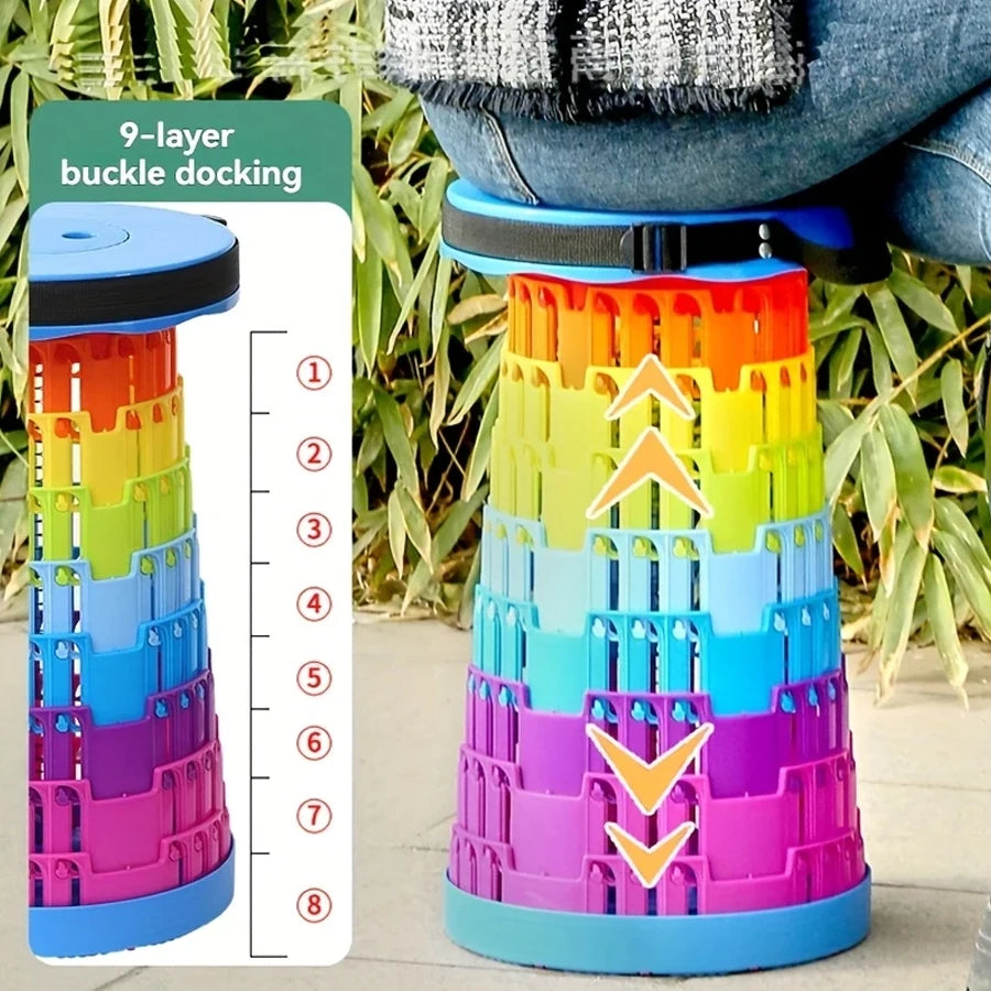 Un taburete portátil plegable de color arcoíris, silla plegable de plástico, adecuada para pesca al aire libre, reuniones de fiesta, taburete plegable con altura ajustable.