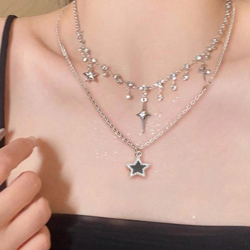 Colgante de Cruz de estrella negra Vintage para mujer y niña, collar de cadena multicapa gótico Y2K, accesorios de joyería al por mayor