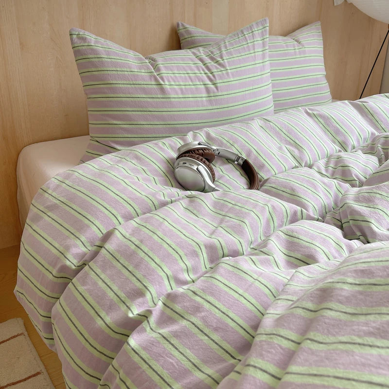 Juego de cama suave de algodón 100%, funda nórdica con estampado de rayas y funda de almohada, ropa de cama, colcha, fundas de almohada, juegos de edredón