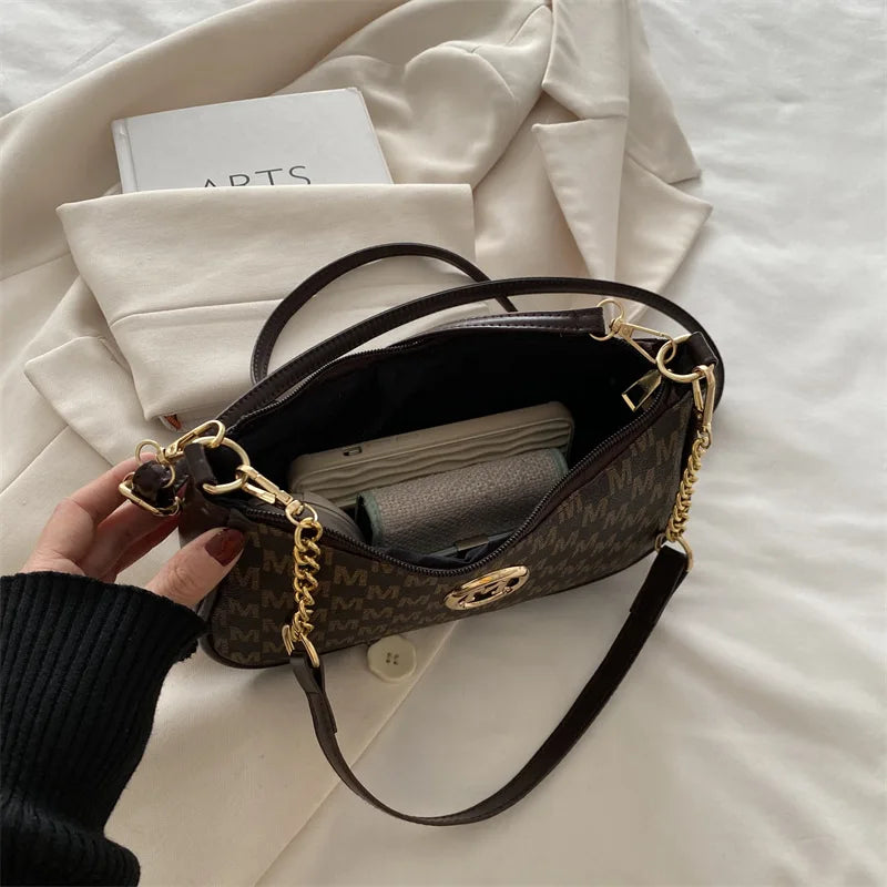 Bolso retro francés para axila, bolso de un hombro con estampado de letras y cadena cuadrada cruzada diagonal para mujer