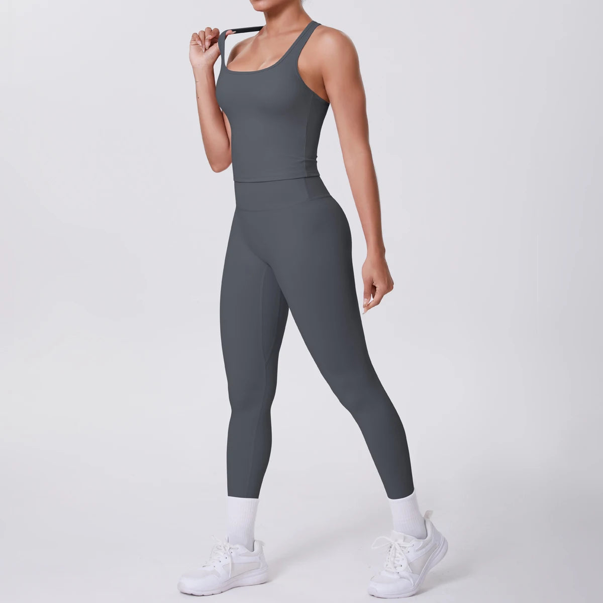Hamidou - Conjunto de yoga de 2 piezas para mujer: leggings de fitness de secado rápido con efecto push-up y top deportivo con espalda en I de color liso.