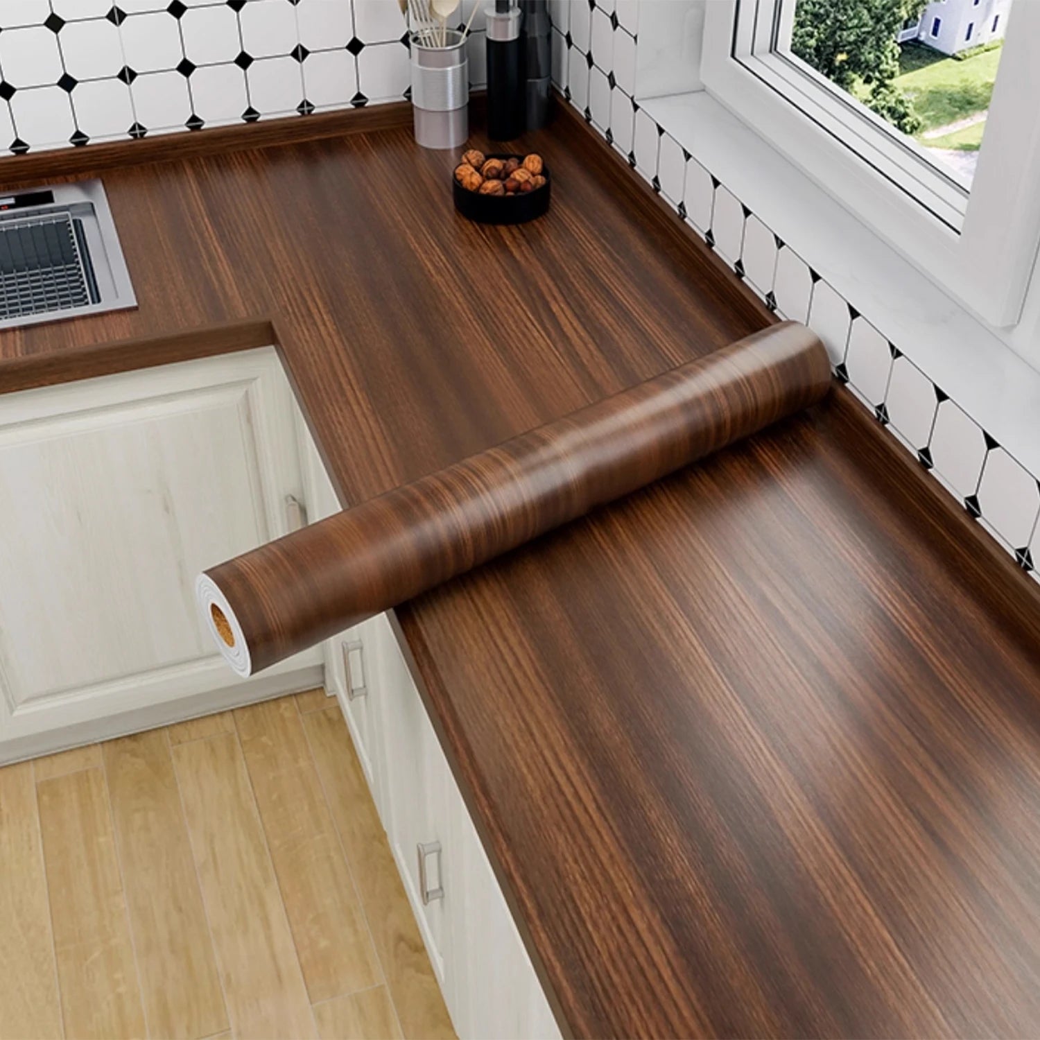 Rollo de papel tapiz adhesivo con 5 metros, pegatina impermeable de grano de madera, armario, puerta de escritorio, pegatinas de renovación de muebles