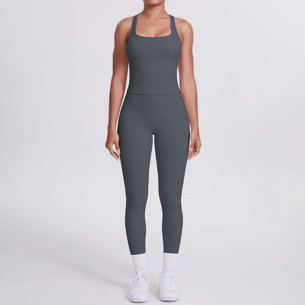 Hamidou - Conjunto de yoga de 2 piezas para mujer: leggings de fitness de secado rápido con efecto push-up y top deportivo con espalda en I de color liso.