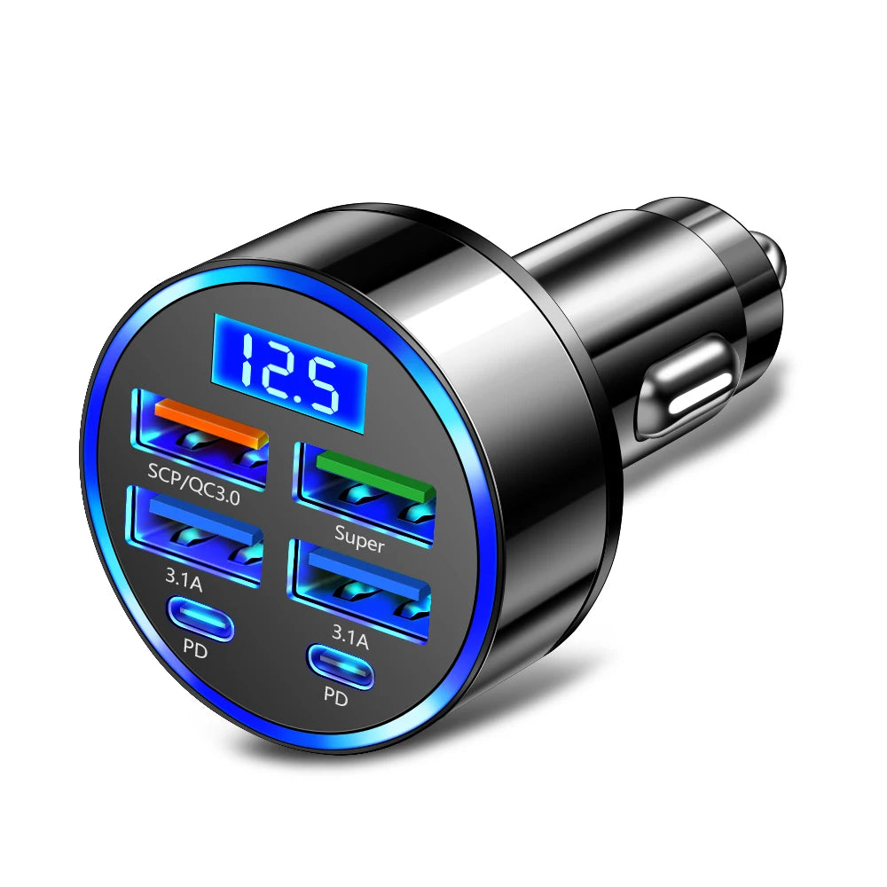 Cargador de coche USB de 350W PD QC3.0 cargador de teléfono de coche 6 en 1 adaptador de carga rápida USB tipo C en coche para iPhone Samsung Huawei Xiaomi