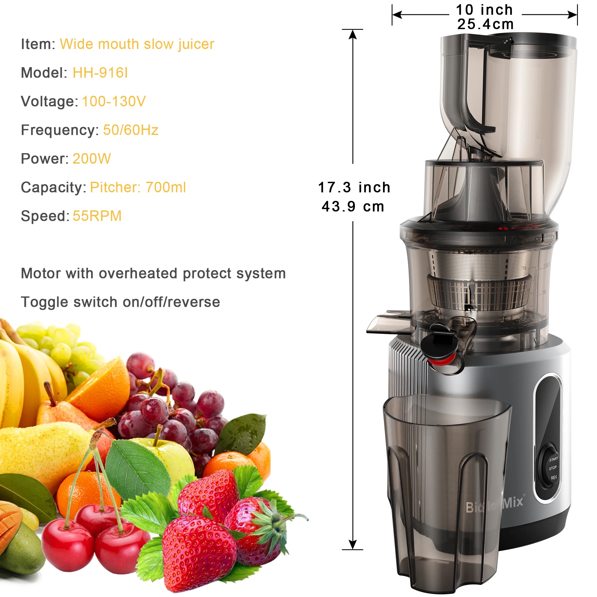 BioloMix-exprimidor de prensa en frío con conducto de alimentación de 78mm, potente Motor de 200W, 40-65RPM, Extractor de zumo de masticulación lenta, se adapta a frutas completas