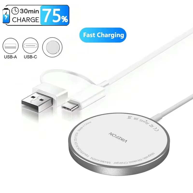 Cargador Inalámbrico Magnético Rápido con Doble Puerto USB, Mini Base de Carga para iPhone 17 16 15 14 13 12 Pro Max, Accesorio Universal para Teléfono