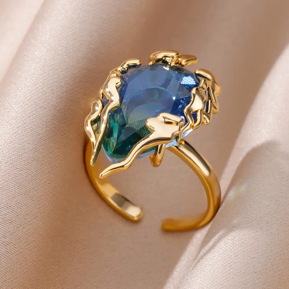 Anillos de acero inoxidable de lujo chapados en oro, piedra colorida, anillo de corazón de cristal de circón para mujer, joyería Bohemia de boda, regalo de Navidad