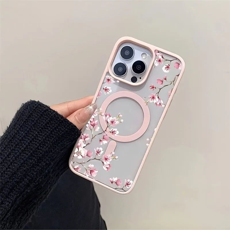 Funda de teléfono magnética con diseño de fondo Floral elegante de cereza rosa para iPhone 17 16 15 14 13 12 Pro Max 11 16 Plus 16E 17Air