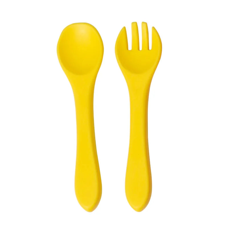 Juego de Cuchara y Tenedor de Silicona de Grado Alimenticio para Bebés, Utensilios de Alimentación para Niños Pequeños con Mango Largo y Cabeza Suave para Alimentos Infantiles