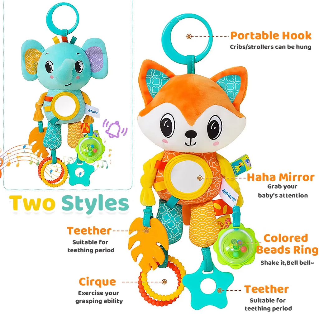 Cochecito de juguete de aprendizaje sensorial arrugado, colgante suave, asiento de coche, cuna, viaje, Animal de peluche, carillón de viento con mordedor para niños y niñas