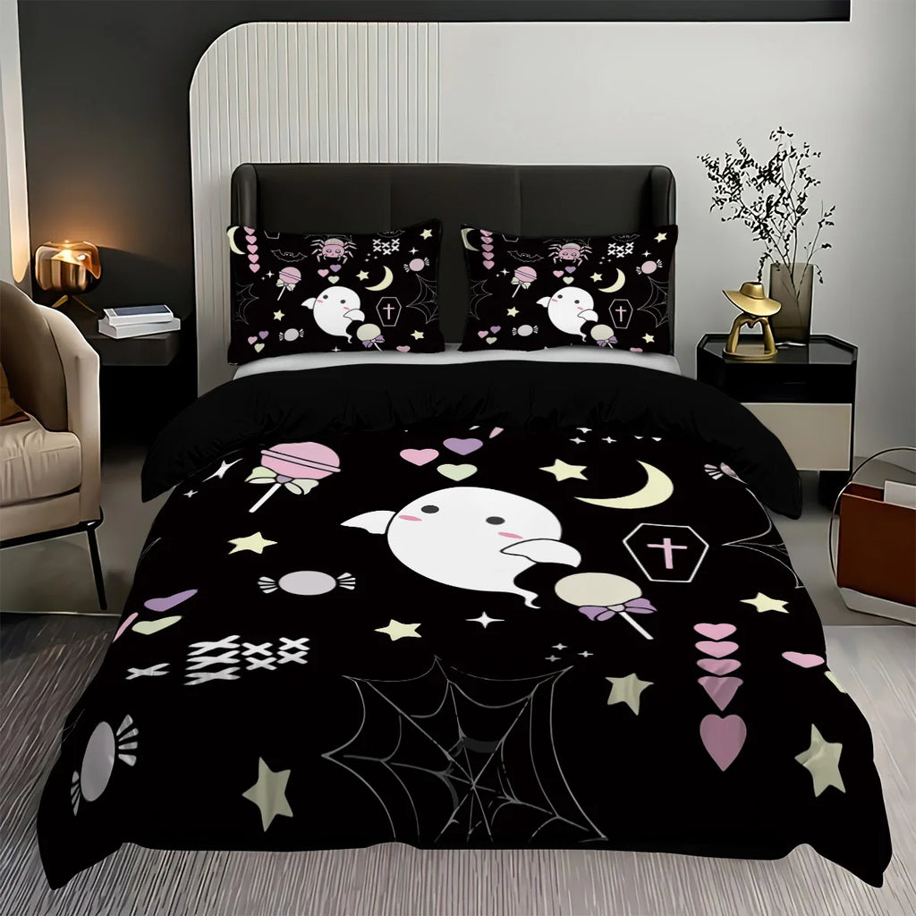 Juego de ropa de cama con estampado de fantasma para Halloween, sin núcleo, para dormitorio, sala de estar, dormitorio, varios tamaños, lavable a máquina, 3 uds.