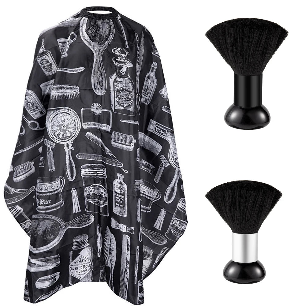 Set de Capa de Barbero y Cepillo para Cuello, Capa de Corte de Pelo Impermeable con Estampado Retro, Cepillo Suave para Limpiar el Cuello, para Peluquería y Uso Doméstico