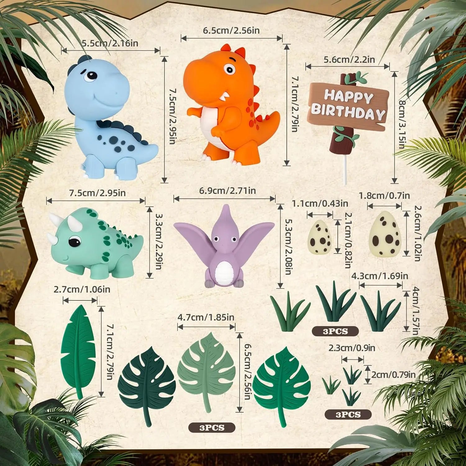 17 Uds. Adorno para tarta de dinosaurio, huevos de dinosaurio, hojas, hierba, decoraciones para pasteles para decoraciones para fiestas temáticas de animales de Safari