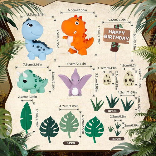 17 Uds. Adorno para tarta de dinosaurio, huevos de dinosaurio, hojas, hierba, decoraciones para pasteles para decoraciones para fiestas temáticas de animales de Safari