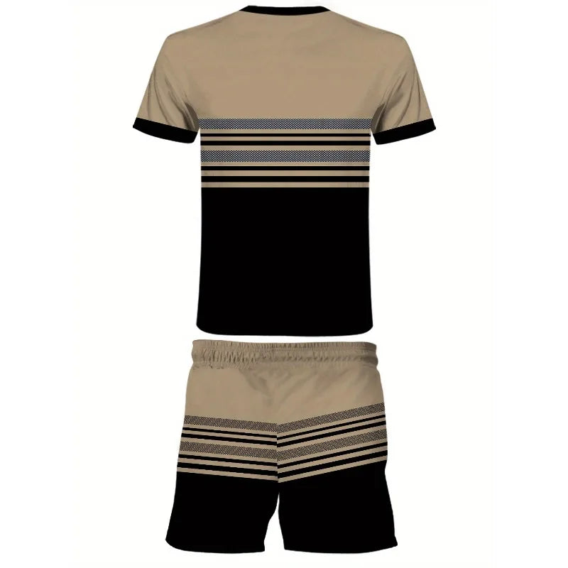 Conjunto informal de dos piezas con estampado 3D a rayas para hombre, camiseta de manga corta y pantalones cortos, conjunto para deportes al aire libre diarios de tela de poliéster