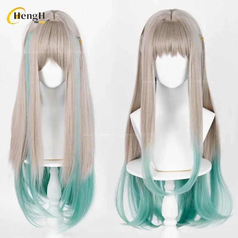 ¡Nuevo! Pelo sintético Anime largo 78cm gris verde peluca rizada Nene pelo resistente al calor fiesta mujer Cosplay pelucas de Anime