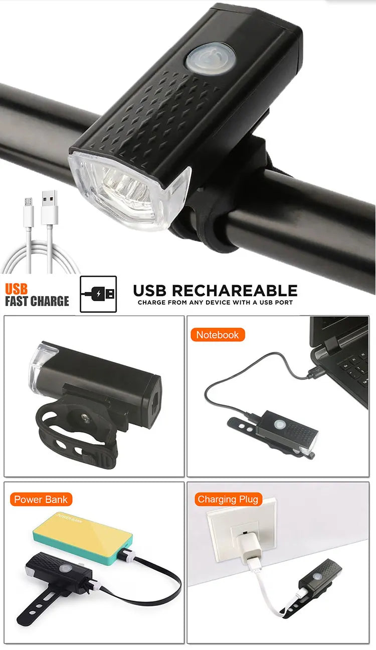 Luz delantera de bicicleta recargable por USB, luz trasera roja, fácil de instalar, 3 modos, accesorios para bicicleta