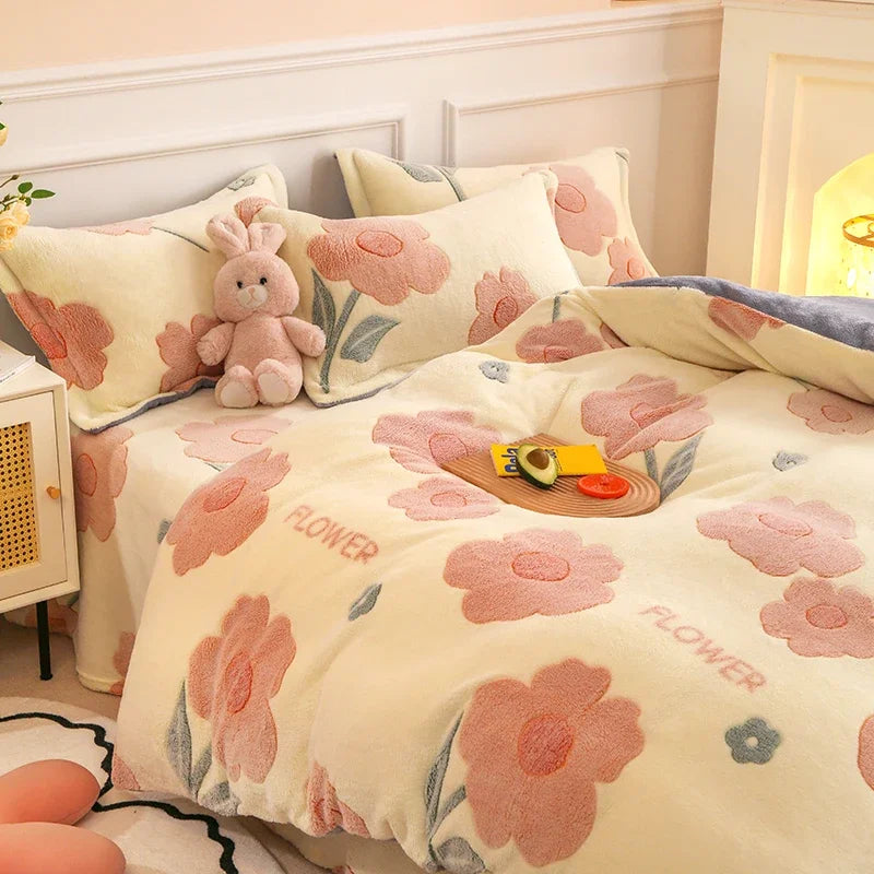 Funda nórdica de lana gruesa y cálida de franela Coral para invierno, juego de cama de terciopelo de doble cara, funda de edredón individual doble Queen King Size