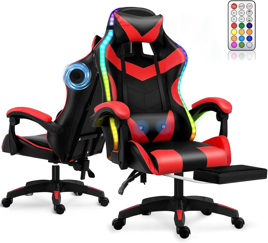 Silla de Oficina Ergonómica para Juegos y Deportes Electrónicos con Masajeador Lumbar, Reposapiés, Luces LED RGB, Silla Giratoria para Computadora con Control Remoto
