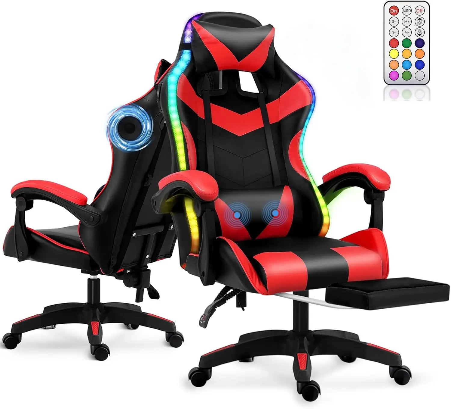Silla de Oficina Ergonómica para Juegos y Deportes Electrónicos con Masajeador Lumbar, Reposapiés, Luces LED RGB, Silla Giratoria para Computadora con Control Remoto