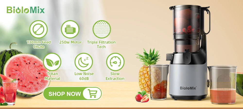 BioloMix-exprimidor de prensa en frío con conducto de alimentación de 78mm, potente Motor de 200W, 40-65RPM, Extractor de zumo de masticulación lenta, se adapta a frutas completas