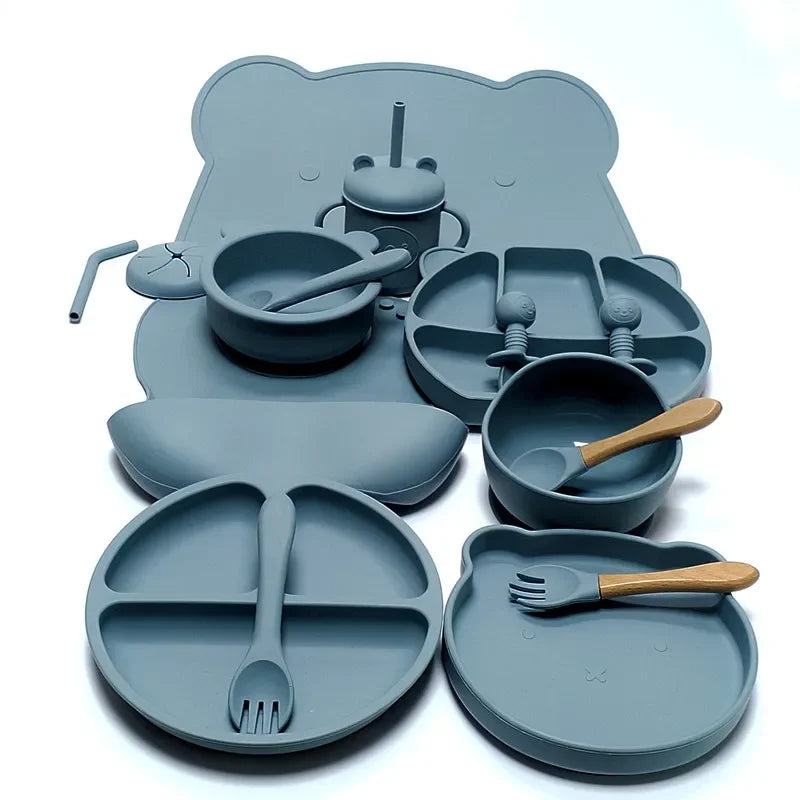 Juego de vajilla de silicona para niños, 16 piezas, taza de succión adicional, tazón, cuchara, madre y bebé