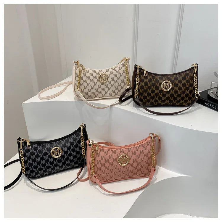 Bolso retro francés para axila, bolso de un hombro con estampado de letras y cadena cuadrada cruzada diagonal para mujer