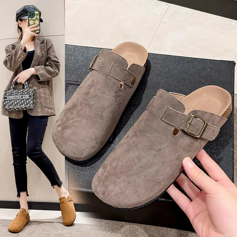 Sandalias de medio arrastre, zuecos para mujer, zapatillas de gamuza de corcho a la moda, zapatillas clásicas antideslizantes de corcho para exteriores con arco