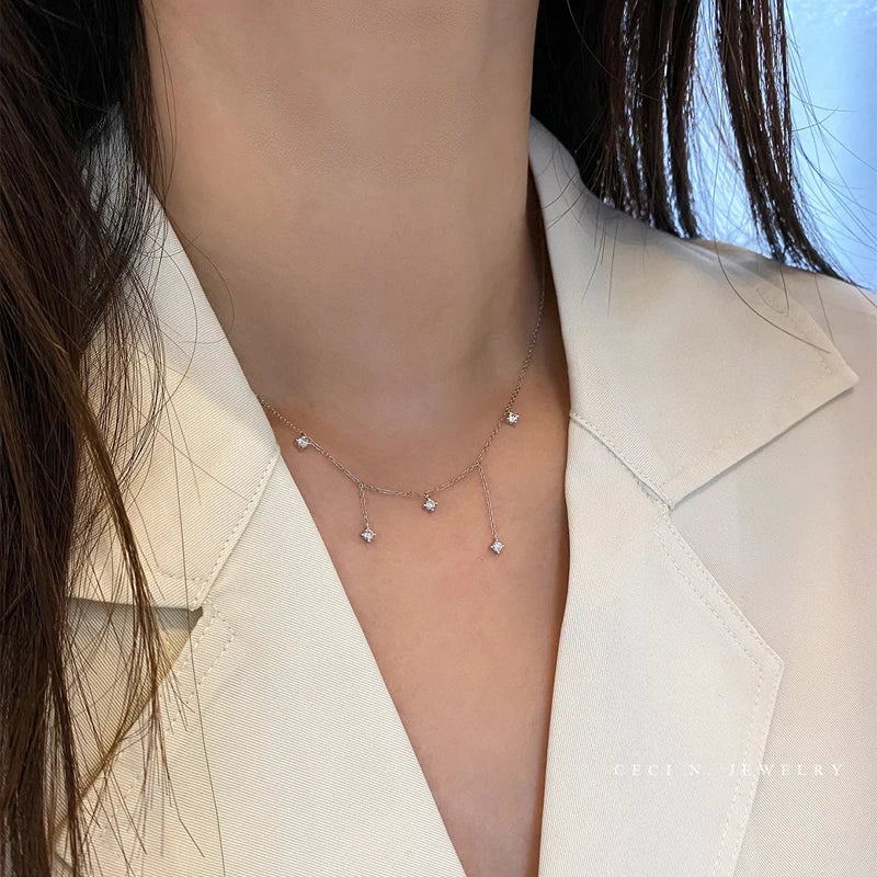 Collar con dijes de estrella de circón de Plata de Ley 925 para mujer, gargantilla elegante de lujo chapada en oro de 18k, collar con cadena O, joyería de boda