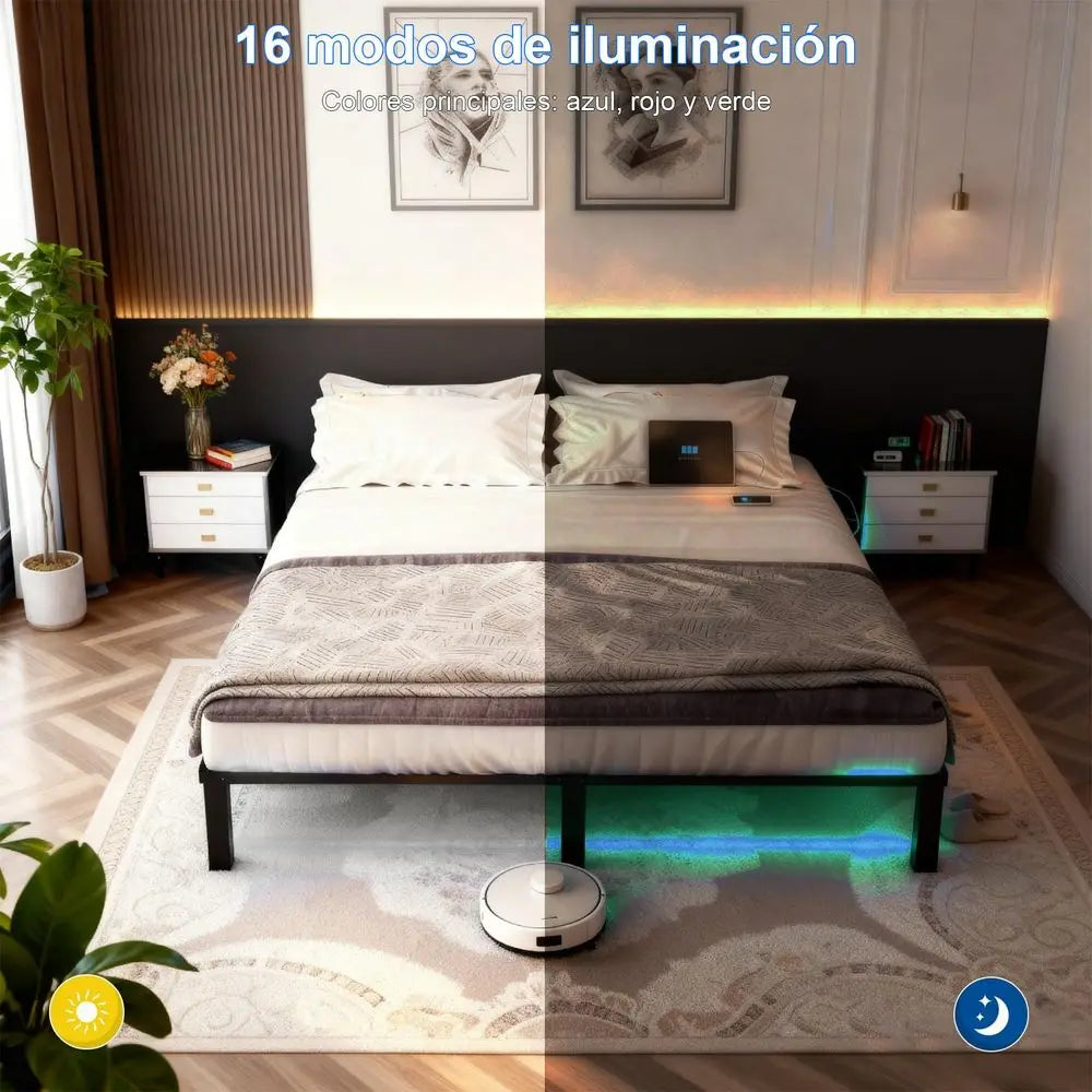 Base de Cama Matrimonial Flotante con LED y Enchufe, Base de Cama de Metal King Size, Apta para Adultos, Color Negro con Iluminación